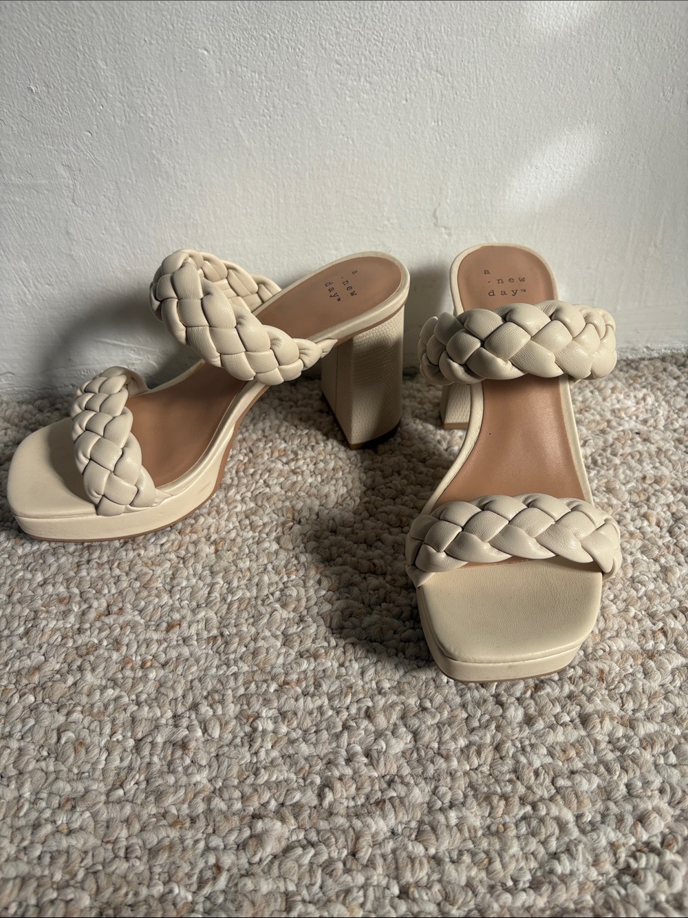 a new day Braided Double-Strap Chunky Heel Sandals in Cream